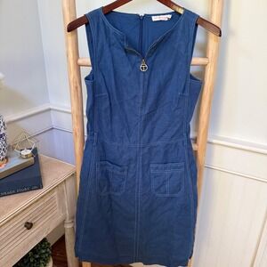 Tory Burch Blue Linen Sleeveless Zip Front Shift Dress Size 6